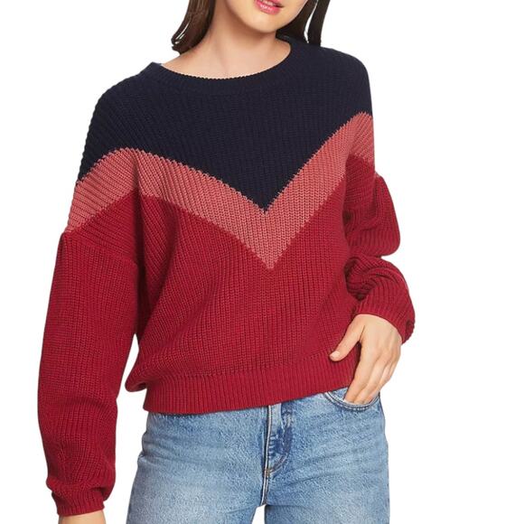 1.STATE Chevron Crewneck Sweater Berry Pink Navy 100% Cotton - Small - Picture 1 of 12